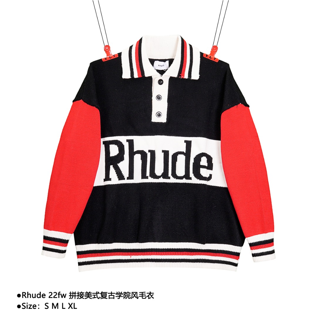 290 Rhude 22fw 拼接美式复古学院风毛衣