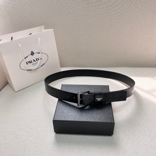 Prada Women's Black Leather Belt with Enamel Triangle Logo, 3.4 cm Width