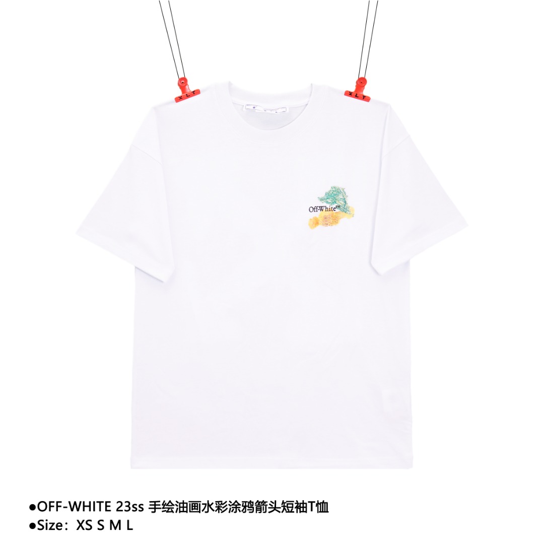 💰150
OFF-WHITE 23ss 手绘油画水彩涂鸦箭头短袖T恤
Size：XS S M L

 拥有美式街头的素色大身 一贯廓形宽松的剪裁方式 胸口off white小字母和随意留下的黄色绿色涂鸦小块 正面略显低调 后背依然标志性大箭头图案 还是那个满背的味道 整体使用了手绘的工艺 油画的韵味 色彩斑斓的融合 让一个箭头既充满街头风格又散发缤纷色彩 贴合春夏生机勃勃的主题 230课全棉双纱 正品级 

款式编号：II-56056056016