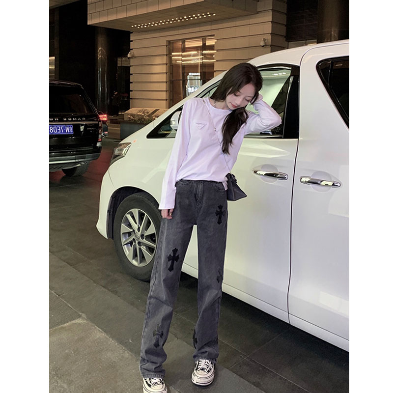 上身素材# Chrome Hearts/克罗心 22Fw 黑贴皮十字架牛仔裤