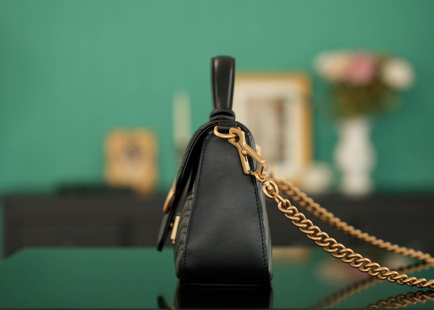 正品级Marmont系列绗缝手提包邮差包黑色21cm原厂皮全铜五金正品售价128,500独家原厂皮发售限