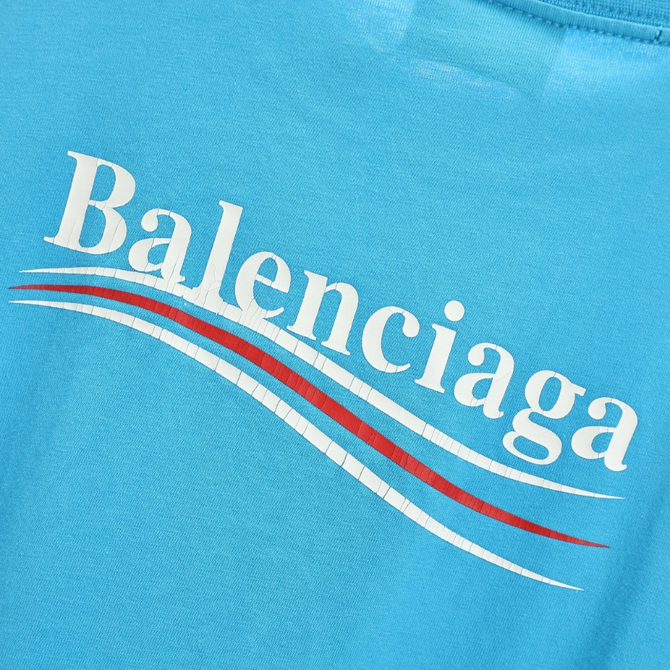 Balenciaga巴黎世家 可乐波浪Logo印花湖水蓝色圆领套头短袖T恤