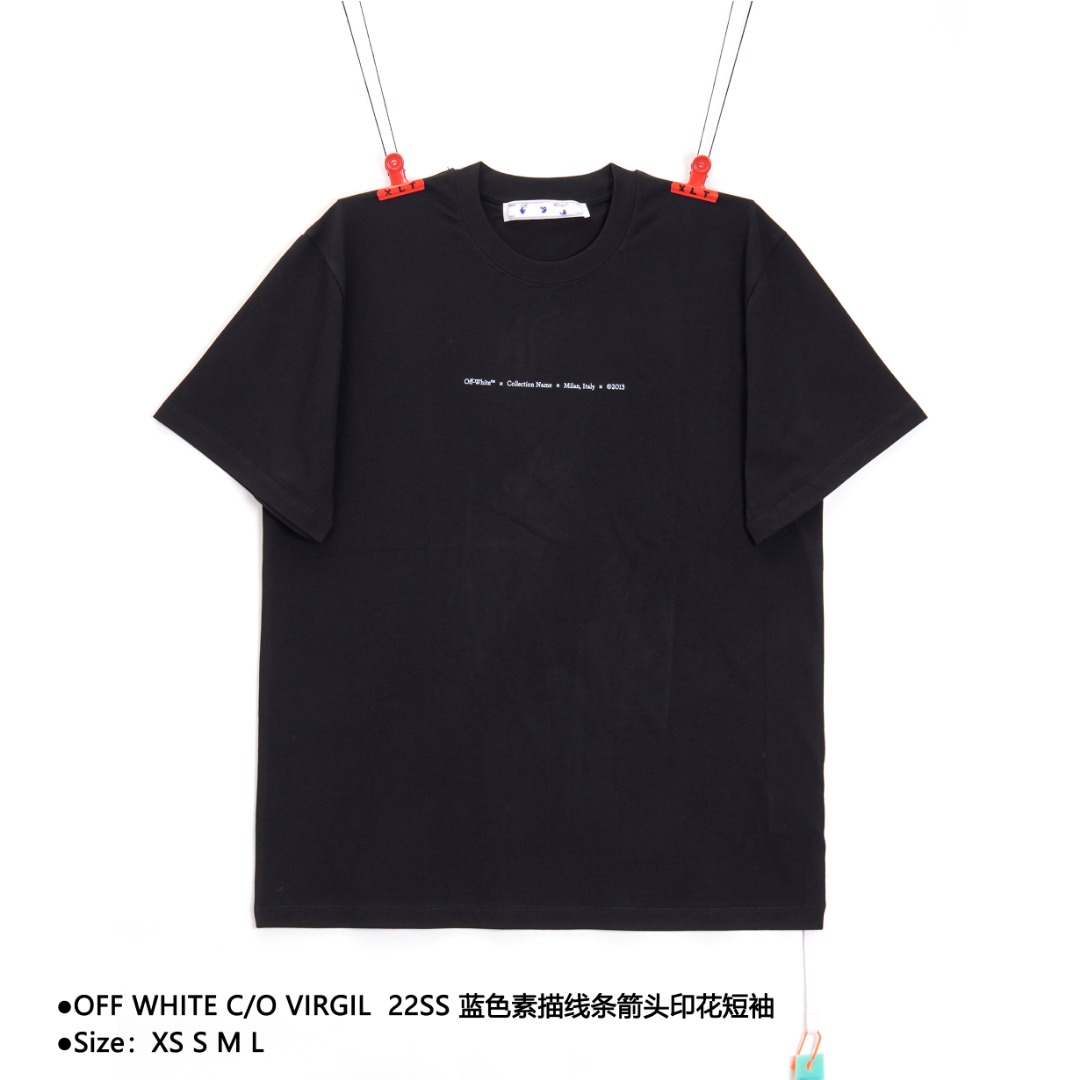 💰150
OFF WHITE C/O VIRGIL  22SS 蓝色素描线条箭头印花短袖
Size：XS S M L

所有面料以及螺纹均为订织定染 所有面料颜色均经过色卡比对定染面料 无任何色差 采用220G克重 100棉汗布 汗布：一种薄型针织物（就是平常全面短袖的面料） 因其吸湿性强在经编货纬编针织机上用 平针、集圈、螺纹、提花等组织织编结成单面或者双面织物前片3套版 后背12套网版 160网目面料220克重 修改了半个月共计20版 印花采用日资MIMAKI印花机作业 不起边无毛边 喷绘烫画热压冷撕 透布纹防刮擦熨烫作业 印花不起雾 磁带印花重合颜色深浅均有差别 洗标也是按照原版的字体找公司订做辅料部分依旧采用OFFWHITE 21S/S全线正确辅料 长方形梭织领标设计 把之前的立体硅胶手感字体取消改为全梭织领标领标部分可以看到荧光色字体 五联硅胶吊牌 三联水洗标以及斑马线包装线依旧 

款式编号：NN-5605605616