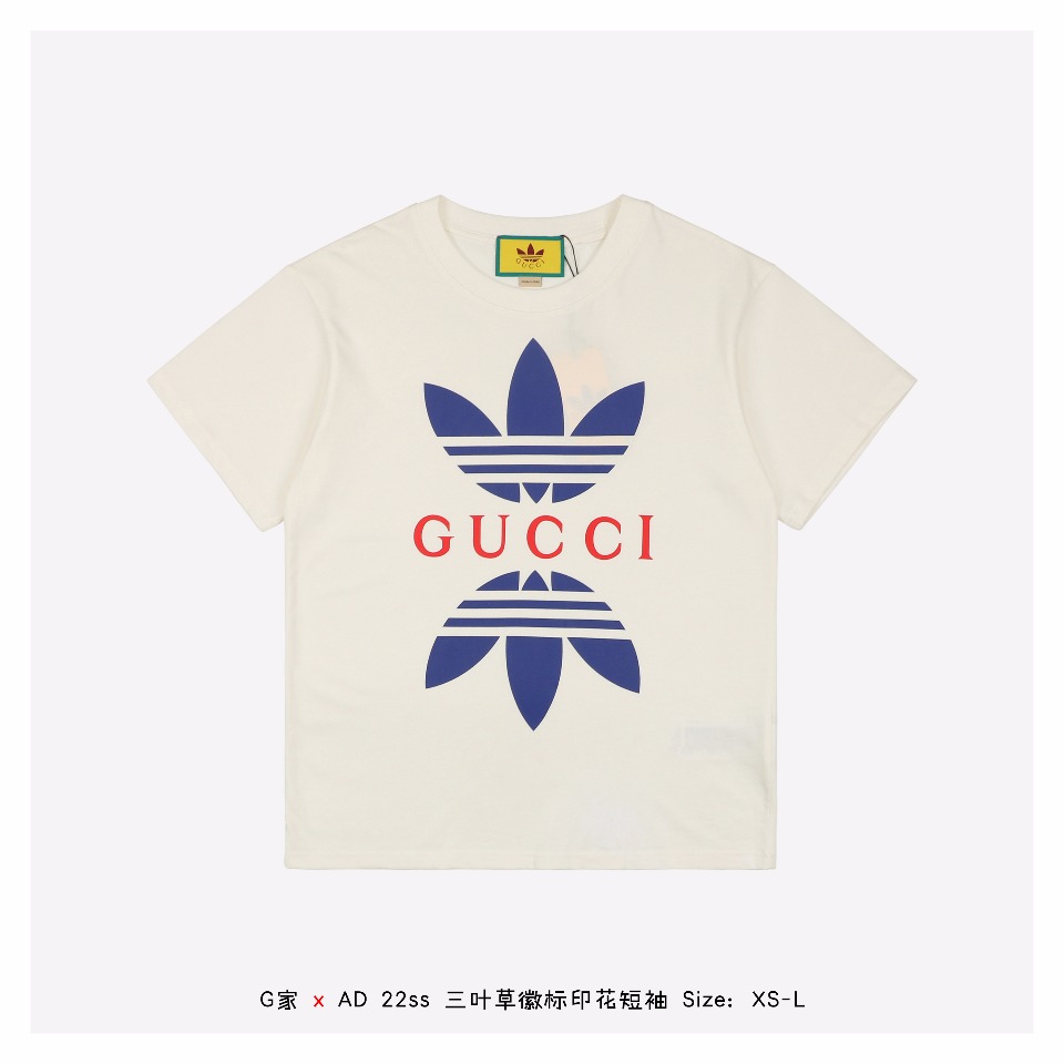 Gucci x Adidas Co-Branded 22ss Shamrock Logo Print Short Sleeve Double-yarn pla