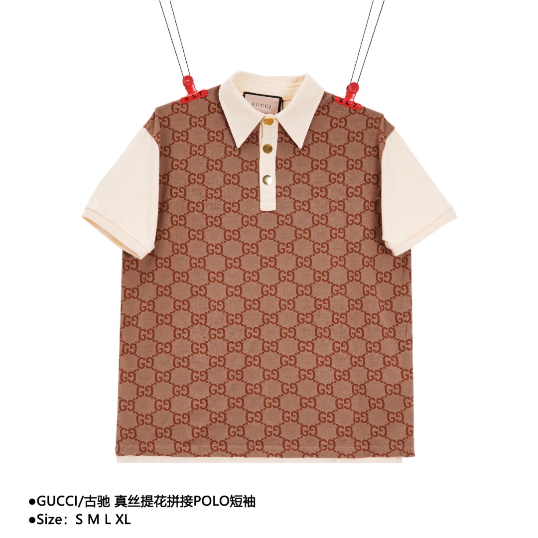 GUCCI/古驰 真丝提花拼接POLO短袖 高价买入原版1:1定织定染面料,前面采用了真丝原材料进口机器织(不是进口机还真织不了)后背采用棉质平纹布,手感柔软上身舒适!男女同款,休闲商务的首选! 款式编号:AA-5605606025
