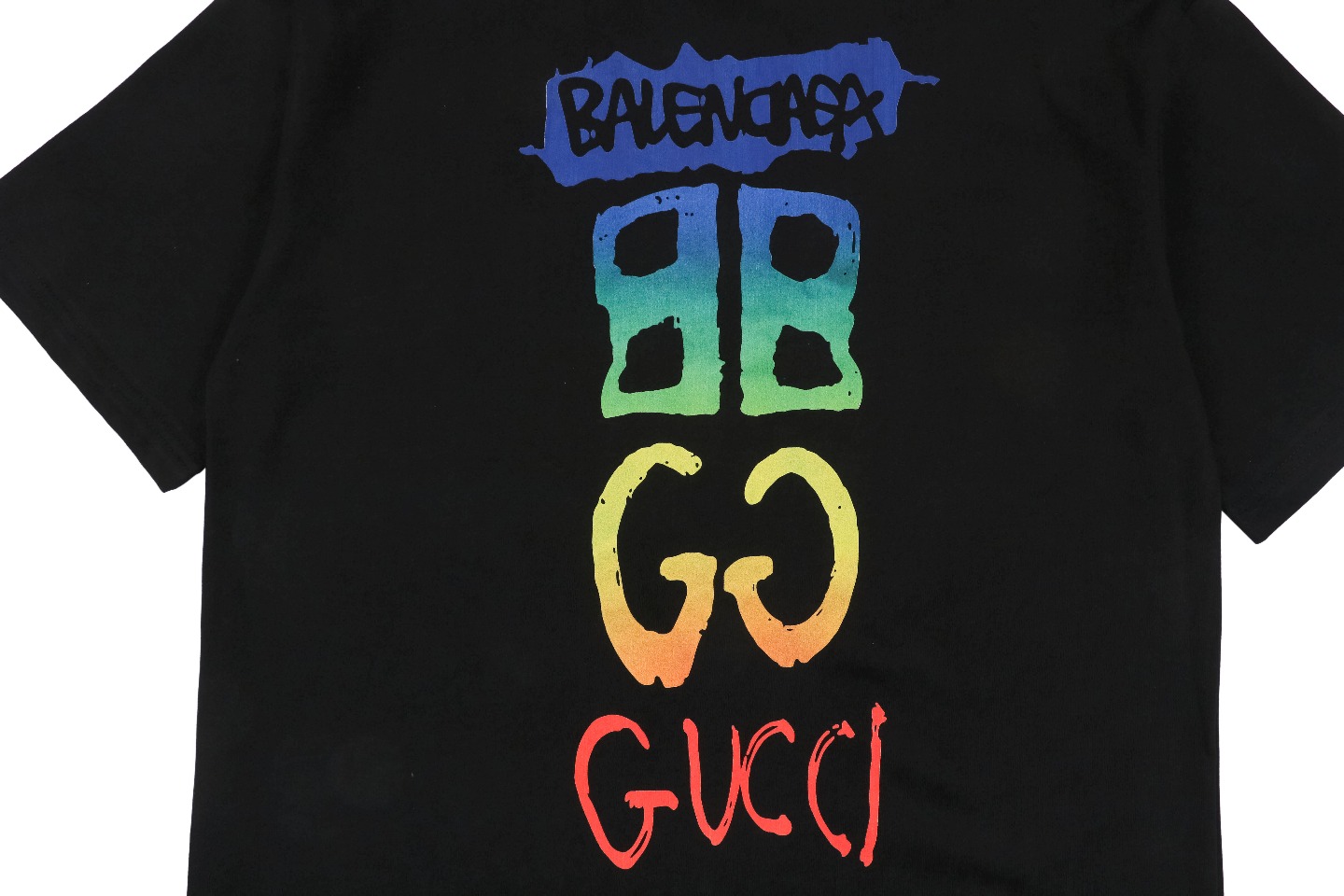 Balenciaga x Gucci联名 23ss 彩色标识字母印花短袖-黑色