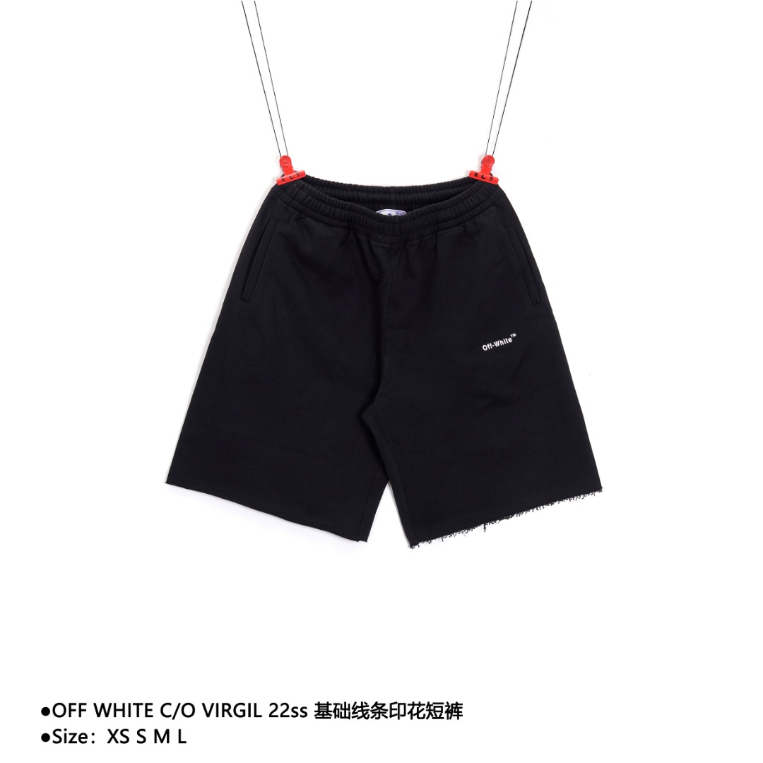 💰170
OFF WHITE C/O VIRGIL 22ss 基础线条印花短裤
Size：XS S M L

面料采用380克卫衣布，毛圈肌理，印花采用日资Mimaki印花机作业，不起边无毛边，喷绘烫画热压冷撕，高温180度压烫，需要压烫两次（第二次需要180kg力度气压），透布纹防刮擦熨烫作业，印花不起雾，前片丝网印160网目，后背12套网版机印丝网印，浆料荧光色菲林修改8次，洗标也是按照原版的字体找公司订做，辅料部分依旧采用全线正确辅料，长方形梭织领标设计，把之前的立体硅胶手感字体取消改为全梭织领标，领标部分可以看到荧光色字体，五联硅胶吊牌，三联水洗标以及包装依旧 

款式编号：NN-56056056018
