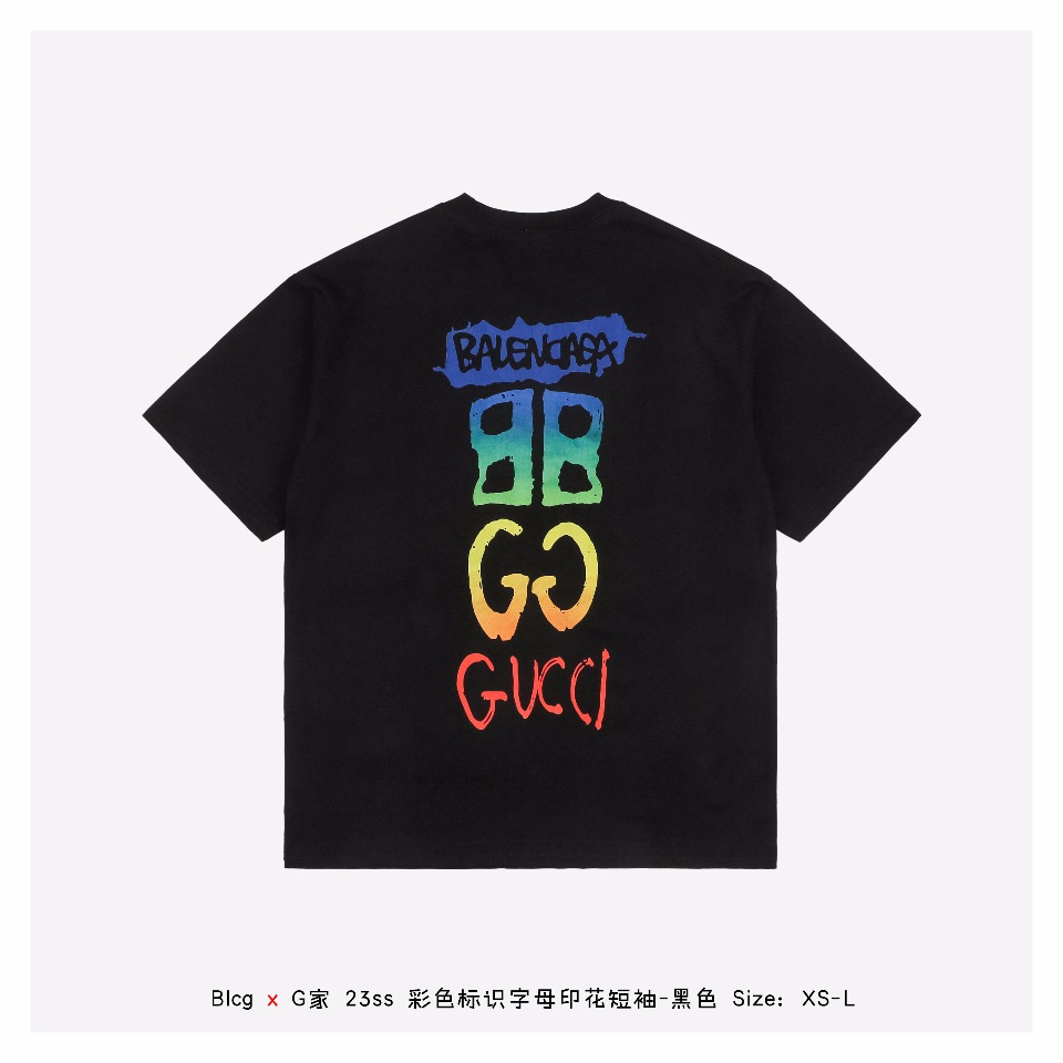 Balenciaga x Gucci联名 23ss 彩色标识字母印花短袖-黑色