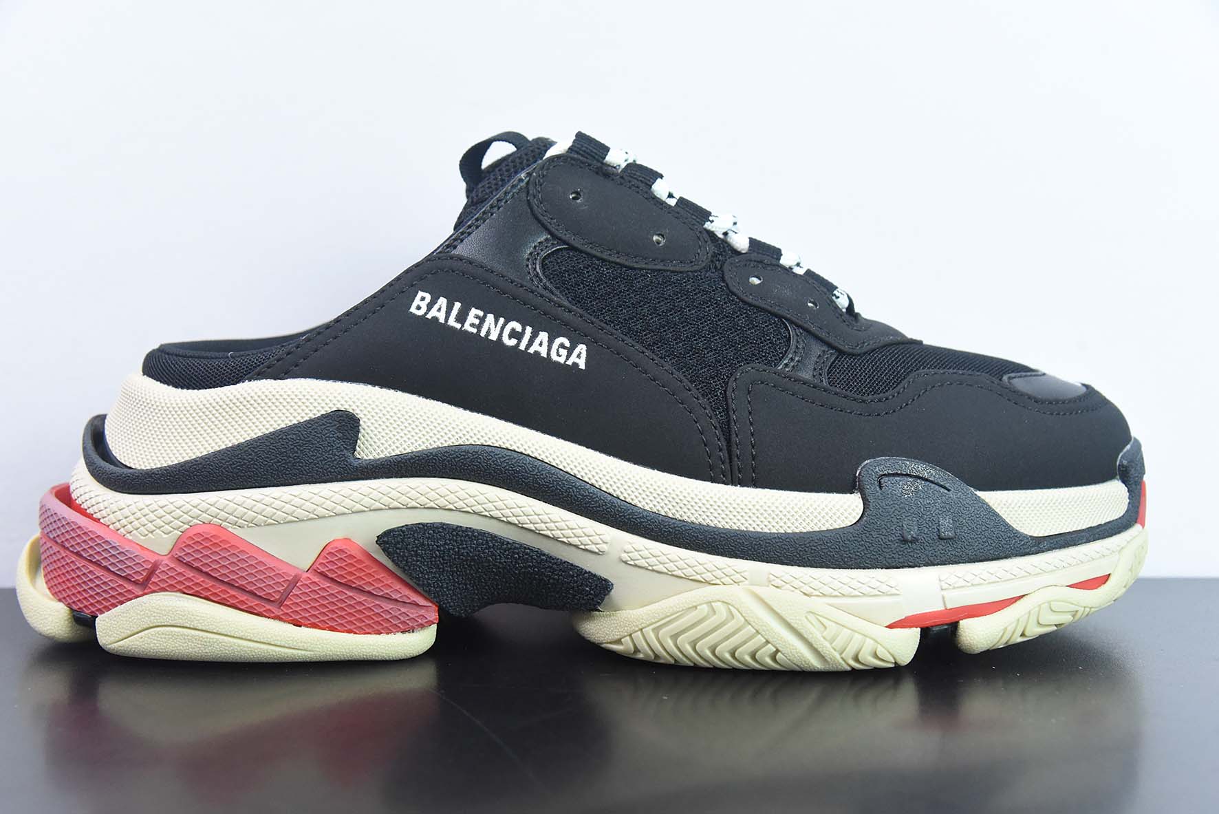 Balenciaga巴黎世家 Triple S织物 标识刺绣 时尚凉拖 男款 巴黎世家半拖鞋黑红