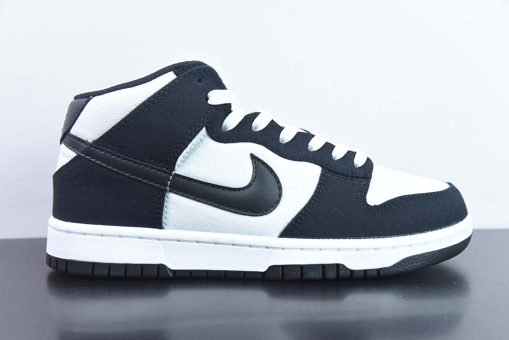 WBM23016146 Versión original NK SB Dunk Mid "Panda/Black/White", zapatillas de skate casual de caña media, "lona blanco…
