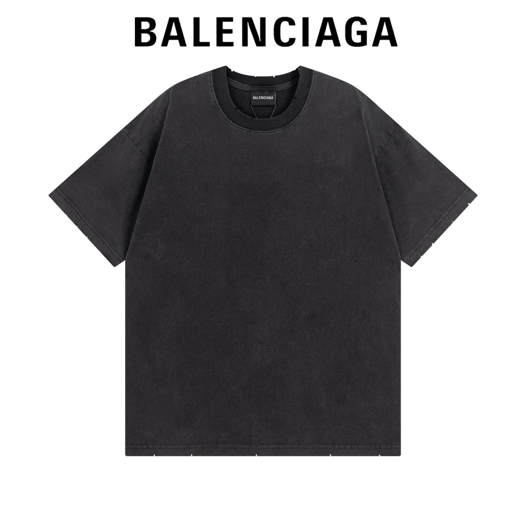 高版本BALENCIAGA/巴黎世家 背后LOGO烫钻洗水破洞短袖T恤