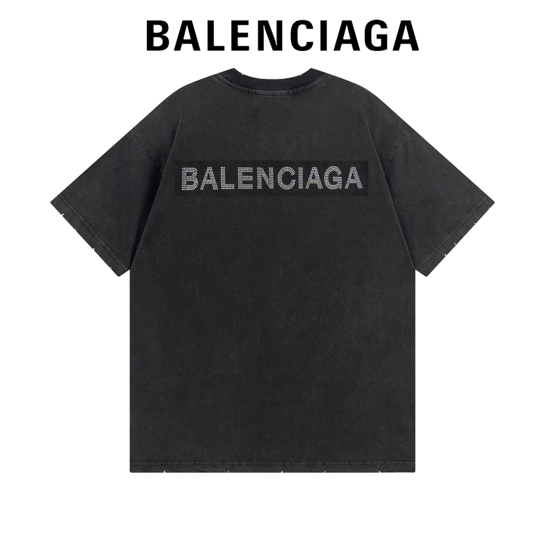 高版本BALENCIAGA/巴黎世家 背后LOGO烫钻洗水破洞短袖T恤