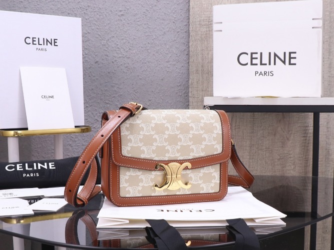 Celine Teen Triomphe Bag in Triomphe Canvas and Calfskin - Tan 1 Celine Teen Triomphe Bag in Triomphe Canvas and Calfskin - Tan
