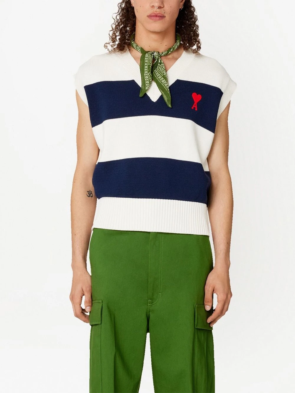 AMI PARIS Striped Knit Vest with Embroidered Heart Logo - Unisex Style