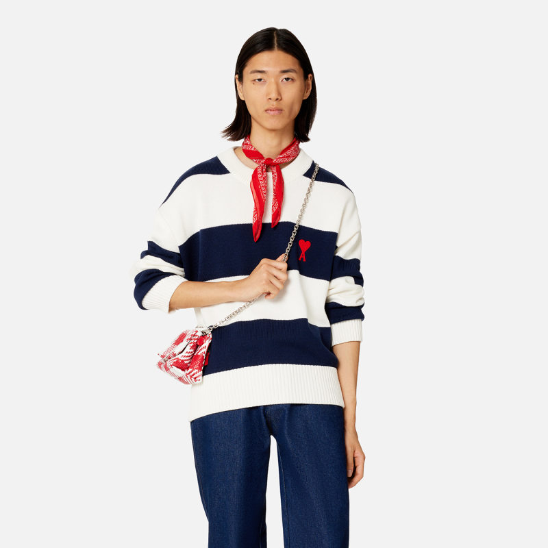 AMI Paris Striped Wool Sweater with Heart Logo - Unisex Boxy Fit