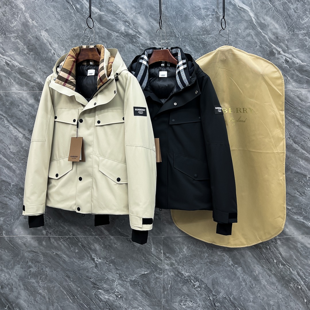 Burberry Clothing Coats & Jackets Down Jacket Beige Black White Sewing Canvas Nylon Polyester Fall/Winter Collection Vintage Hooded Top