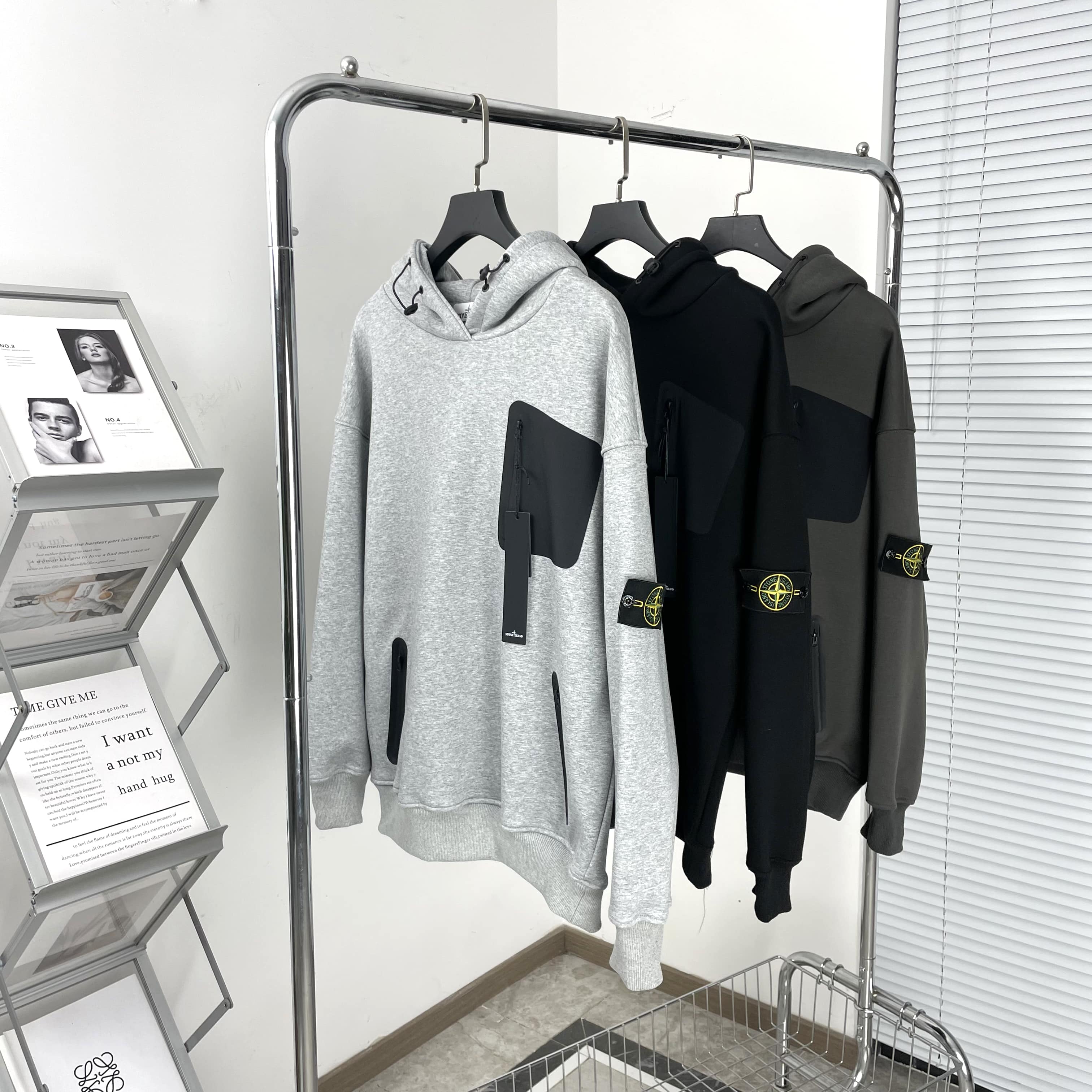 Stone Island Clothing Sweatshirts Black Grey Light Gray Unisex Women Cotton Fall/Winter Collection Fashion Hooded Top