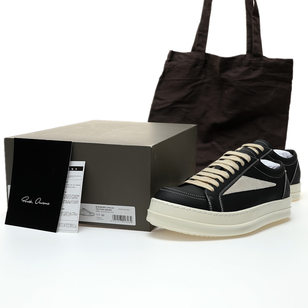 欧文斯Rick Owens Vintage Low-Top Sneakers”Black/Pearl Milk”低帮系列暗黑厚底板鞋“皮革黑浅灰侵权款” RU02B2897 LPOLVS 9081