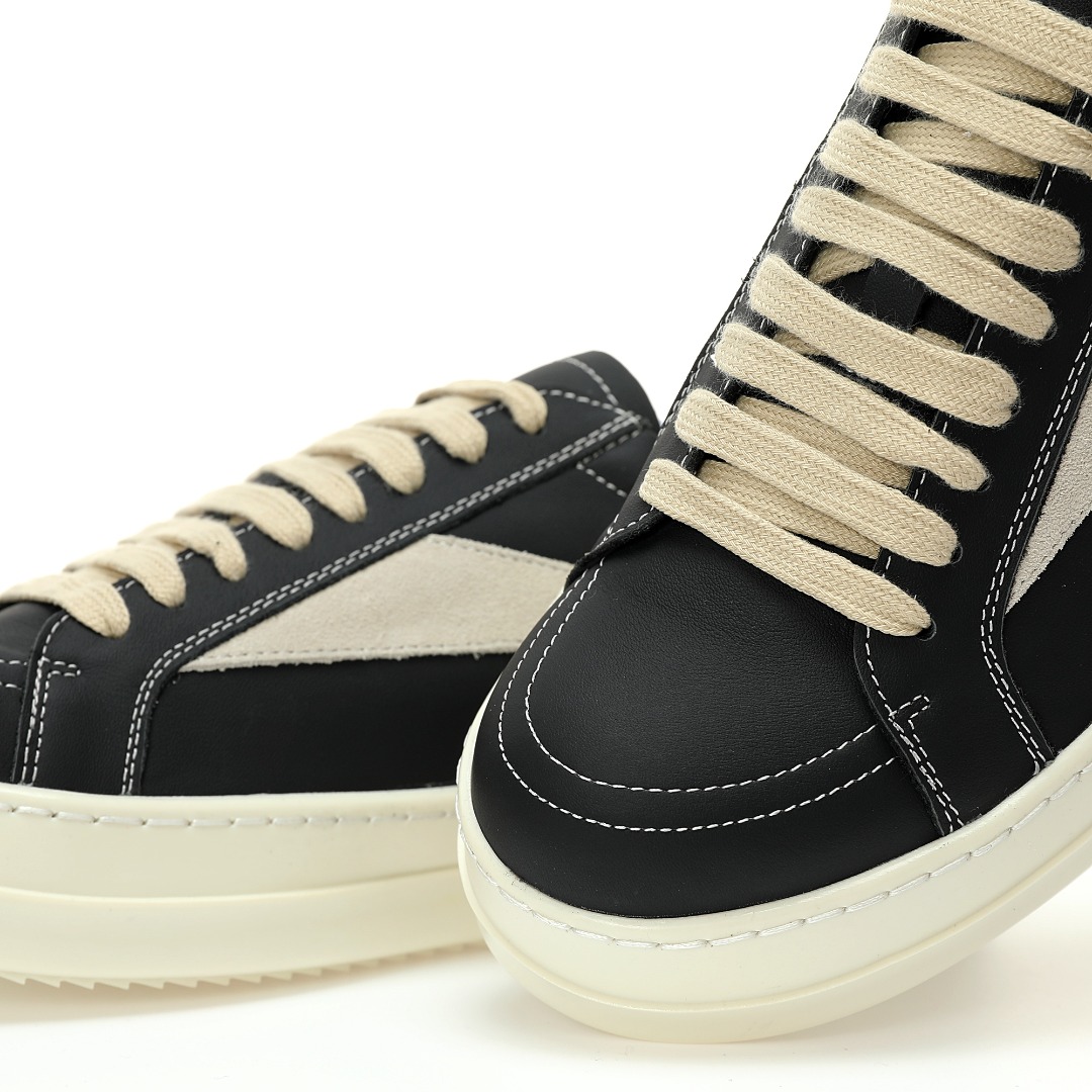 欧文斯Rick Owens Vintage Low-Top Sneakers”Black/Pearl Milk”低帮系列暗黑厚底板鞋“皮革黑浅灰侵权款” RU02B2897 LPOLVS 9081