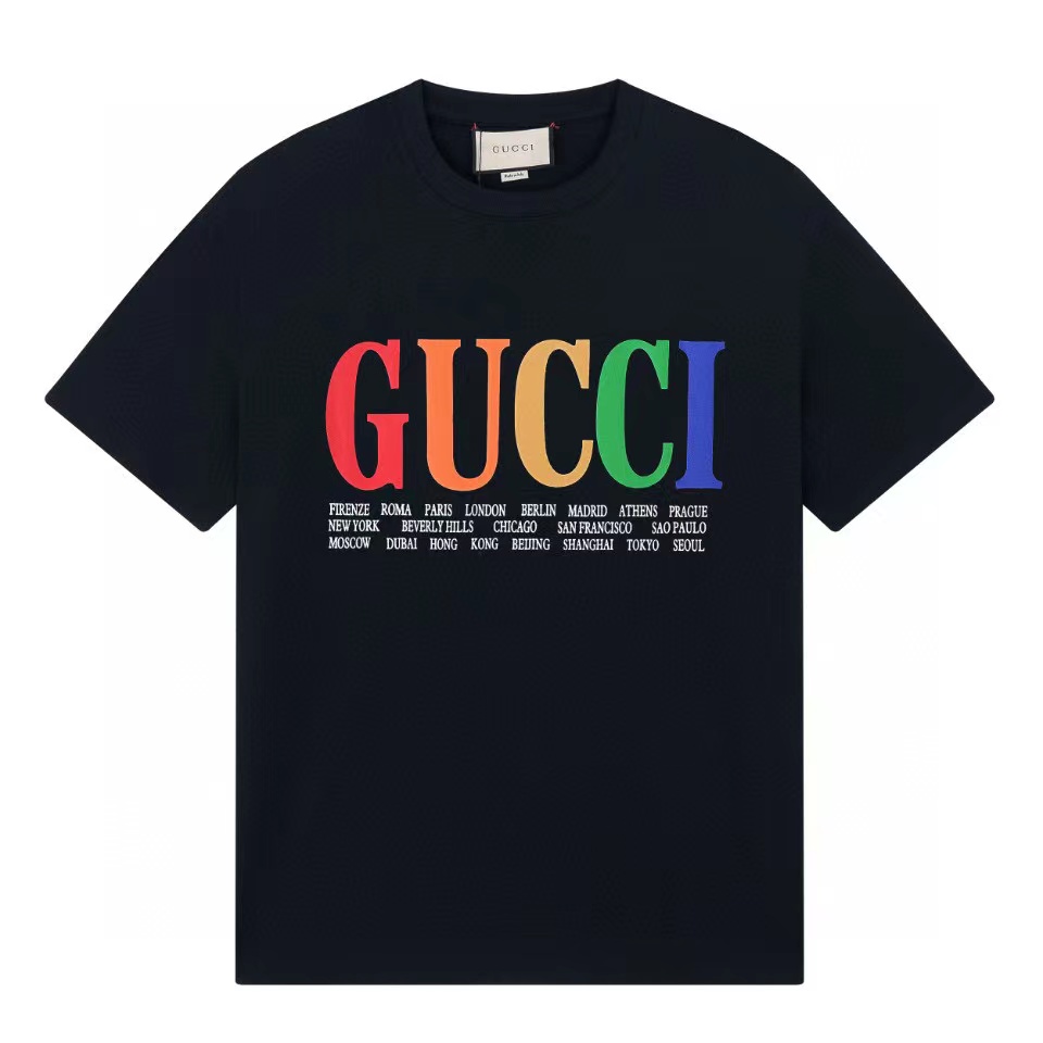 Gucci Odzież T-Shirt Kolor moreli Czarny Biały Drukowanie Unisex Bawełna podwójna przędza Krótki rękaw