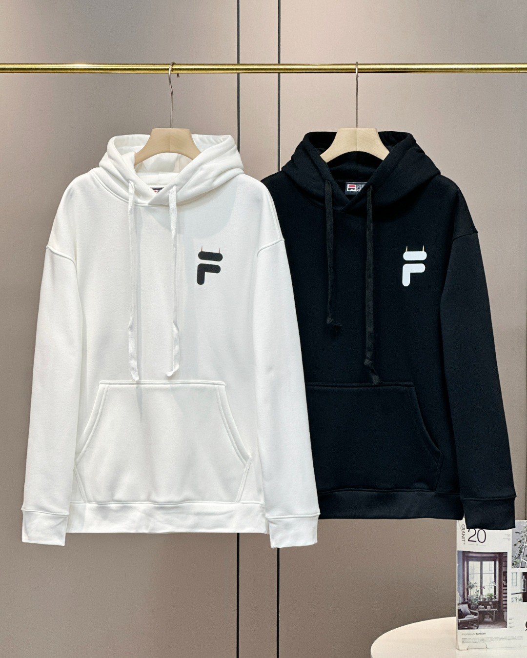 Fila Clothing Hoodies Black White Printing Unisex Trendy Brand Hooded Top