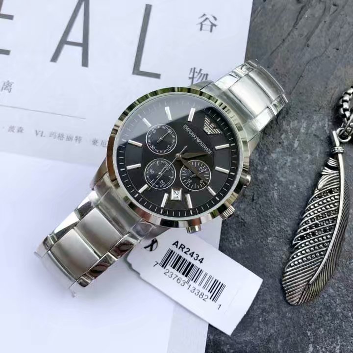 J0  原单 阿玛尼 Armani 手表男表AR2434 精彩人生 时刻掌控 腕上流年 商务百搭  精致表冠 多功能计时表盘 经典刻度 白钢表带 便携式蝴蝶扣 矿物质水晶镜面 50米防水 进口石英多功能男表 43mm*10mm