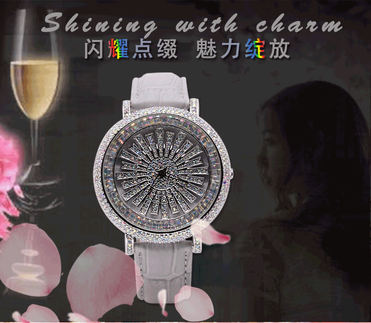 Unknown 奶奶灰水钻旋转手表韩版简约个性大表盘女款时来运转女表