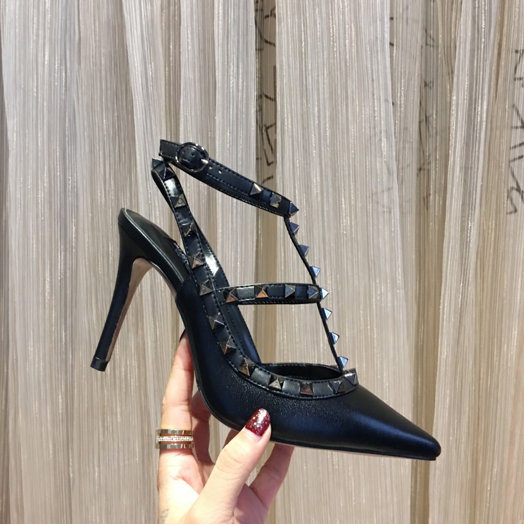 Valentino Garavani Rockstud Ankle Strap Matte Black Leather High Heel Pump
