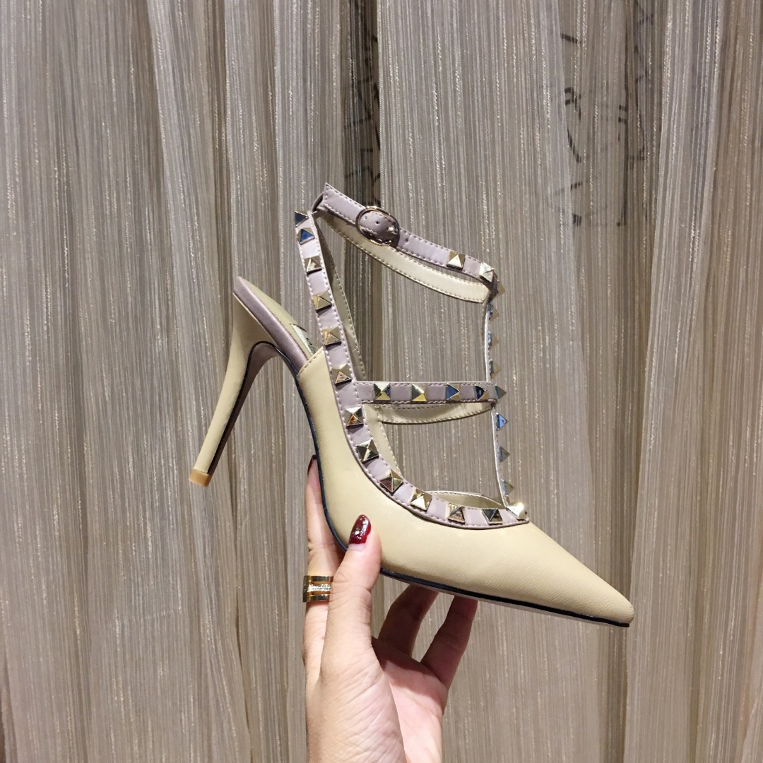 Valentino Matte Apricot Lambskin Heels - Rockstud Ankle Strap Pointed Pumps