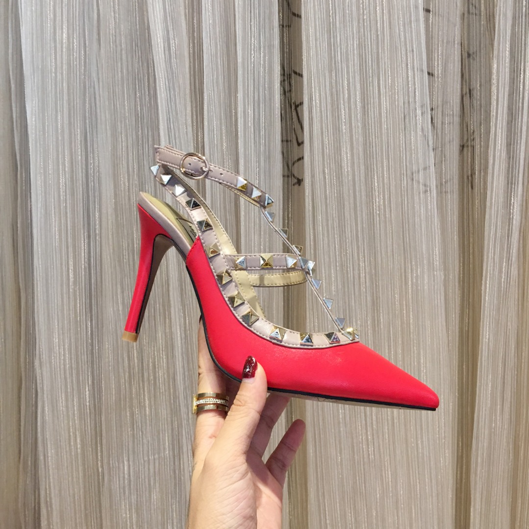 Valentino Women's Red Matte Leather Rockstud Slingback High Heel Shoes