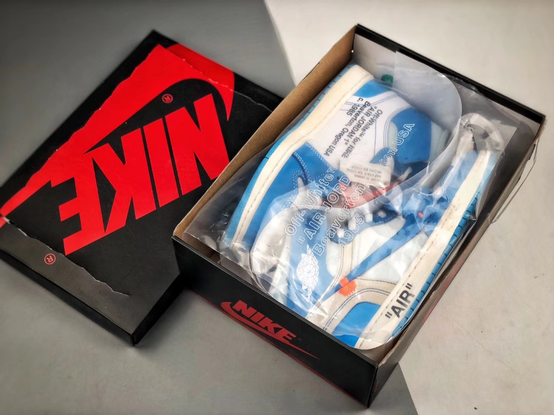Apoyo contra reembolso 【OG纯原版本 终端供应】 #OG纯原版本 出货释放市场‼‼ Air Jordan 1 x OFF-WHITE "UNC"北卡蓝 #鞋面网纱、后跟港宝等大部分材料 均采购来自原厂 #针车孔深度…