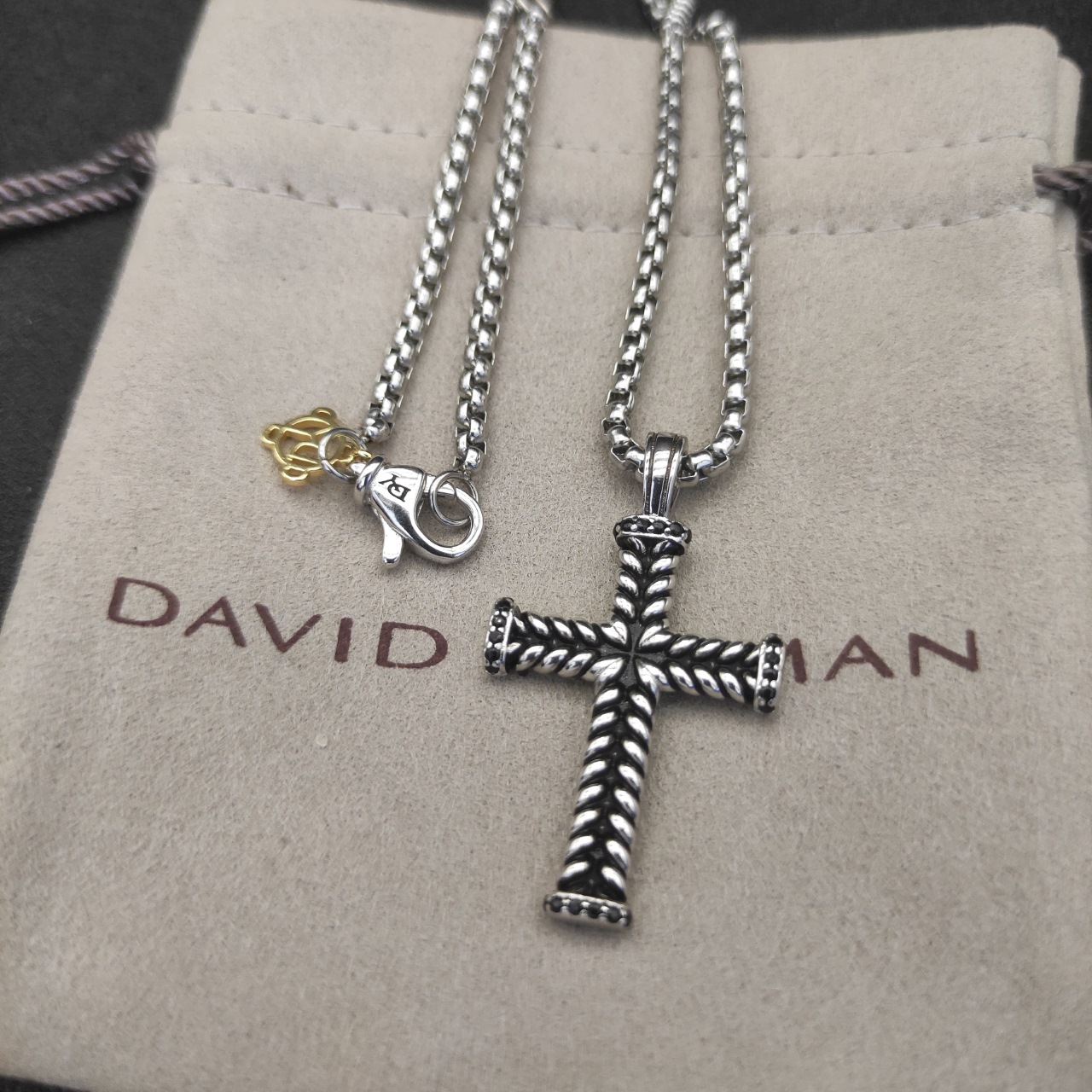 David Yurman Black Drill Cross Necklace with 3mm Chain Length Options: 50+5cm or 60+5cm - 图片 2