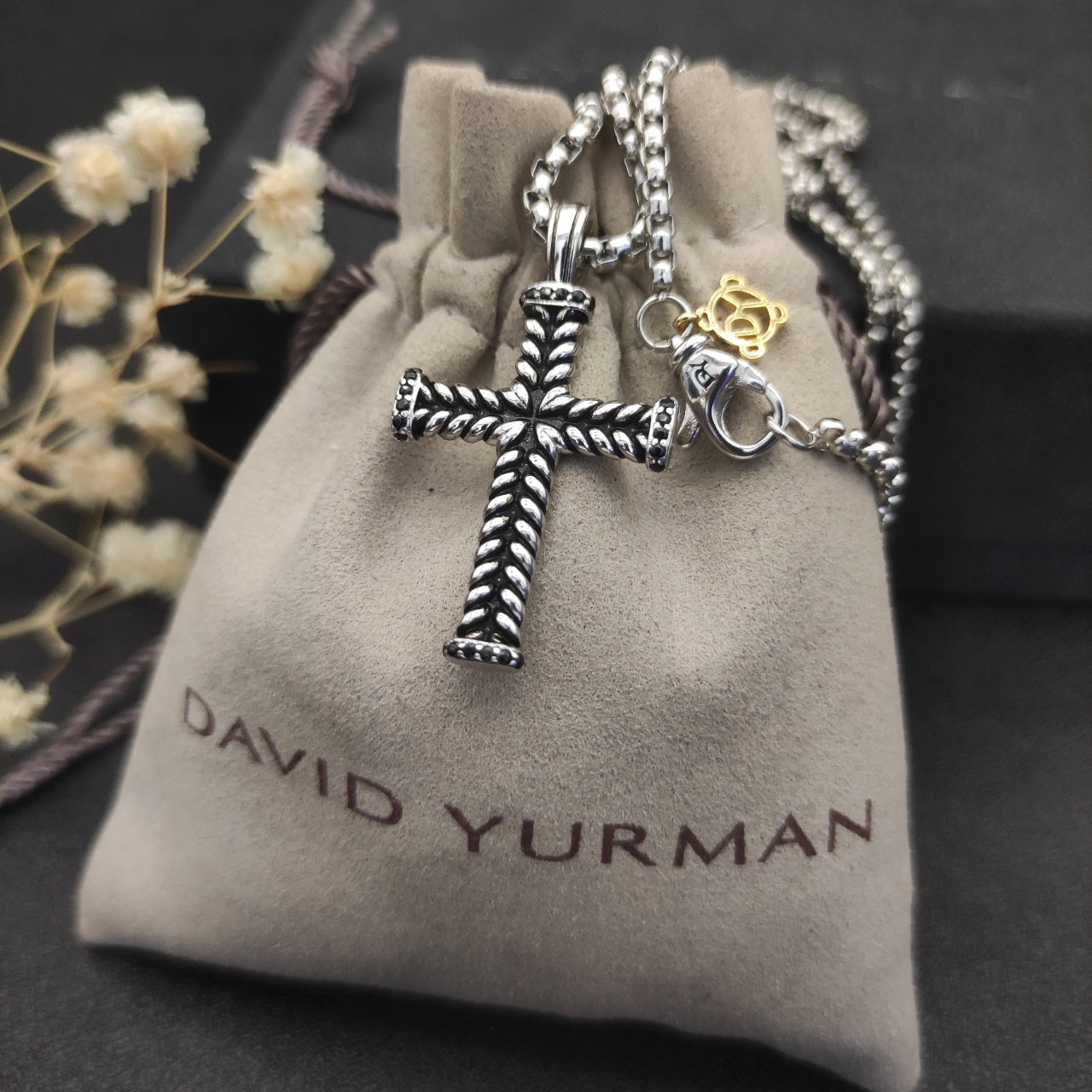 David Yurman Black Drill Cross Necklace with 3mm Chain Length Options: 50+5cm or 60+5cm - 图片 3