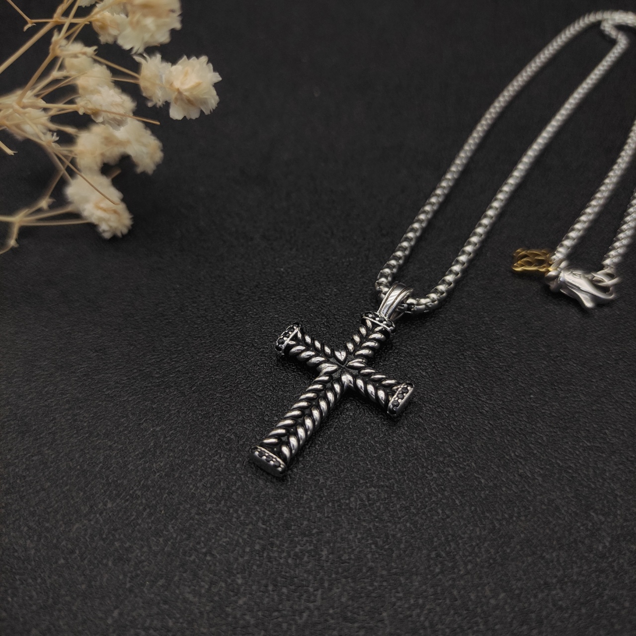 David Yurman Black Drill Cross Necklace with 3mm Chain Length Options: 50+5cm or 60+5cm - 图片 4