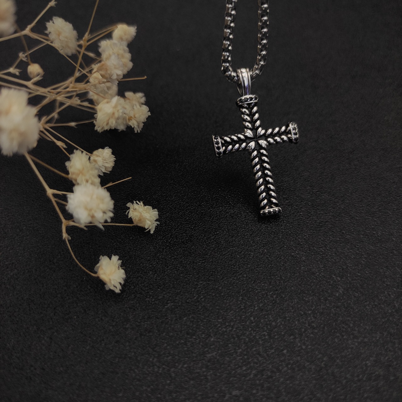 David Yurman Black Drill Cross Necklace with 3mm Chain Length Options: 50+5cm or 60+5cm - 图片 5