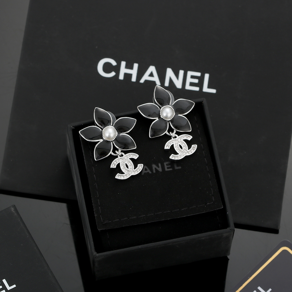 Chanel CC Logo Black Flower Pearl Drop Earrings earrings Silver-tone metal black enamel white faux pearl clear crystal One size drop length approx 2 5cm