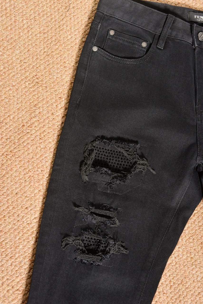 AT506 #Fendy FENDI Network High-End Crack-Hole Jeans with Imported Turkish Cotton - 图片 6