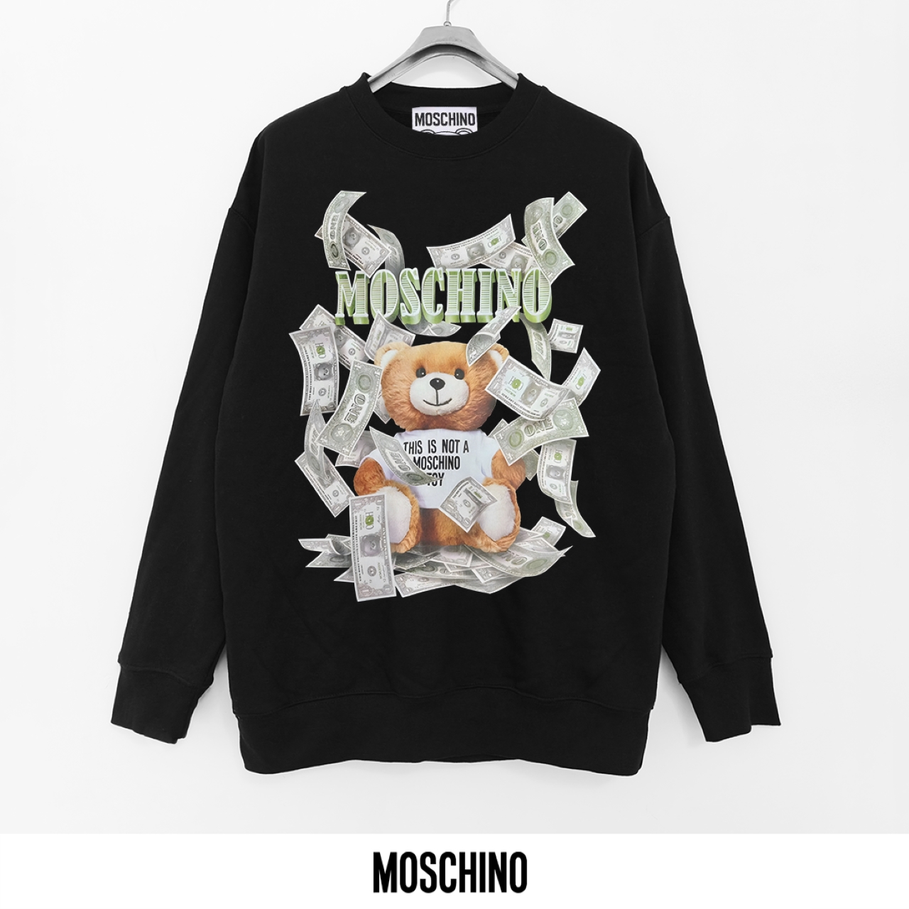 Moschino Printed Cotton Terry Sweatshirt with Teddy Bear and Money Design