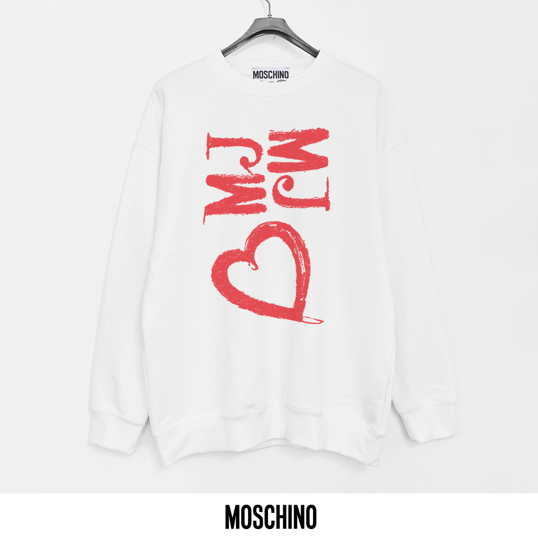 Moschino White Cotton Fleece Sweatshirt with Red Heart Graphic Print