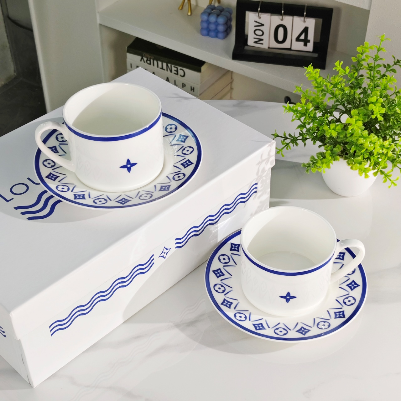 Louis Vuitton Blue and White Cup and Saucer Set (Set of Two - Comprehensive 3