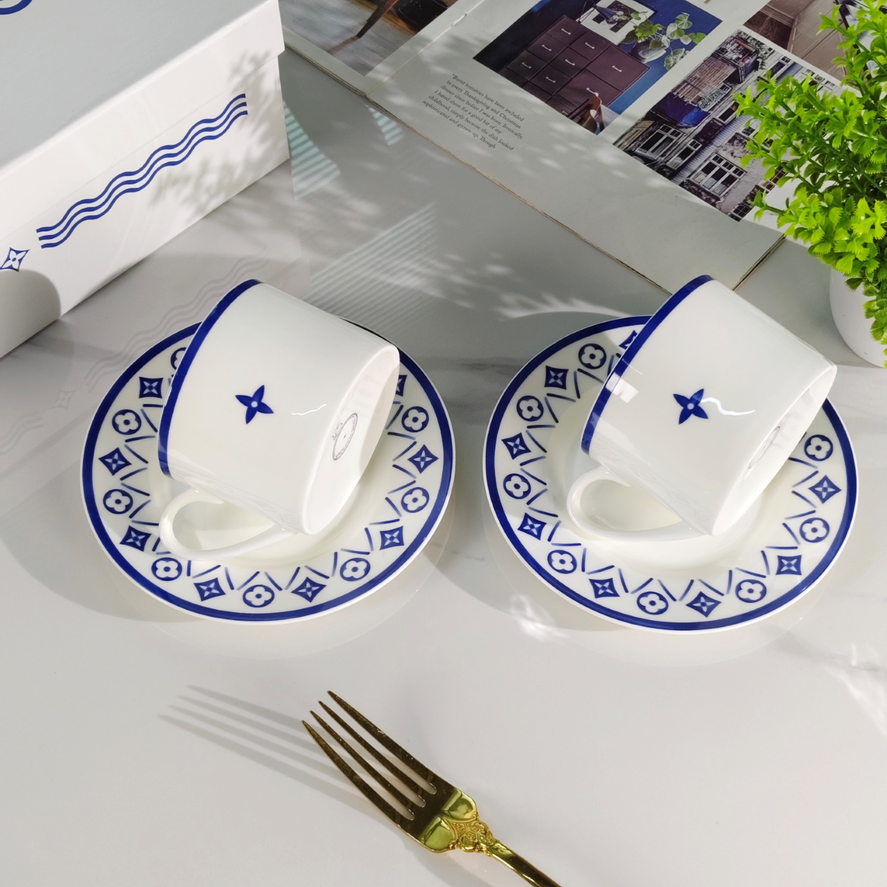 Louis Vuitton Blue and White Cup and Saucer Set (Set of Two - Comprehensive 8