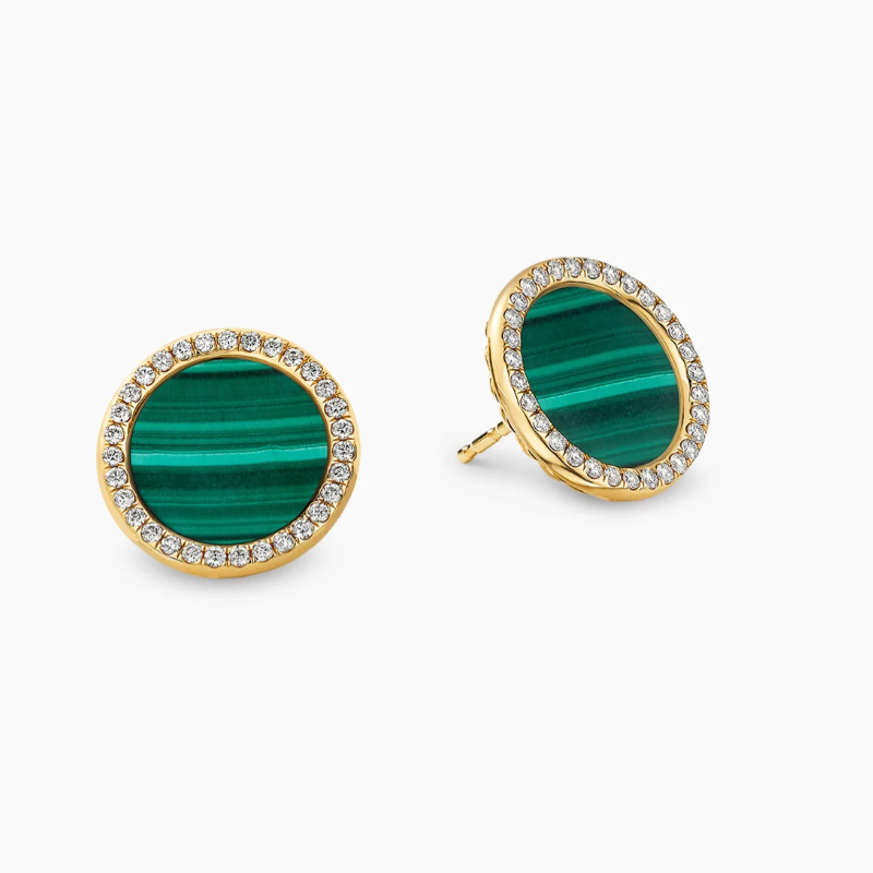 NO:110779,David Yurman 14mm Malachite golden round diamond-set earrings, number DYEH-096, jewelry quality19860909David Yurman 14mm 孔雀石金色圆形带钻镶嵌耳钉, 编号DYEH-096,饰品精品,Jewelry