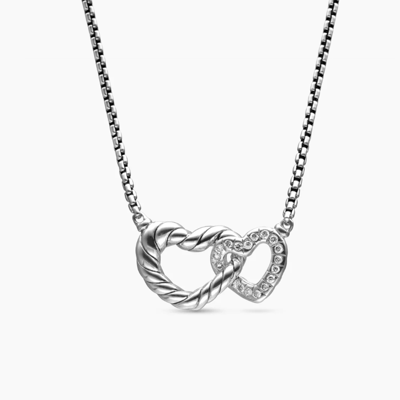 David Yurman Silver Necklace with Double Heart Design, 1.5mm Chain, DYXL-169 - 图片 1