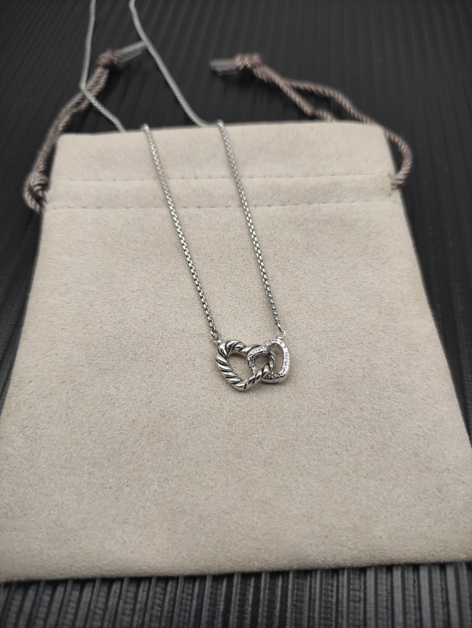 David Yurman Silver Necklace with Double Heart Design, 1.5mm Chain, DYXL-169 - 图片 3