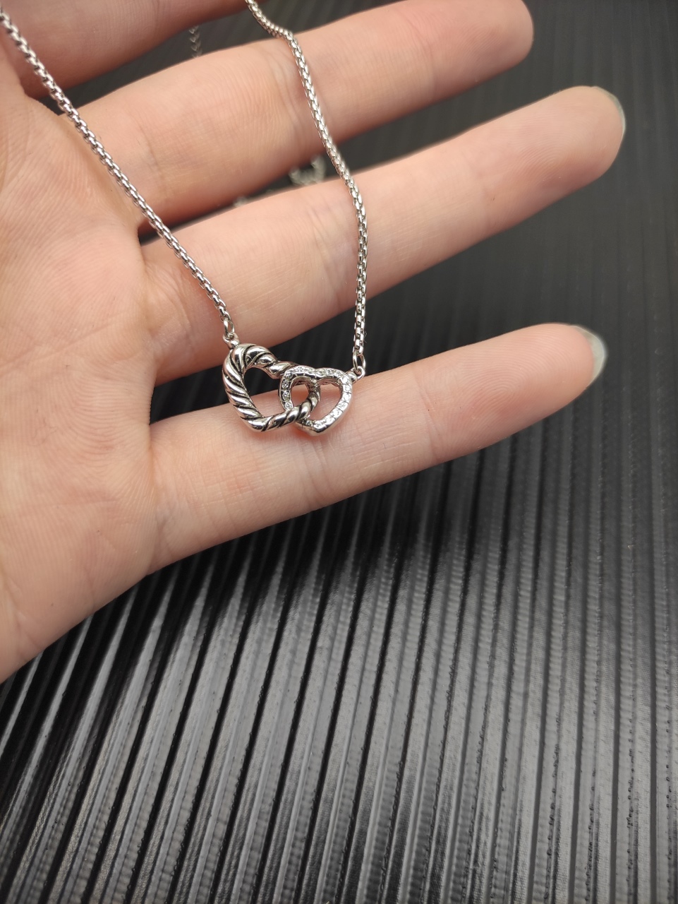 David Yurman Silver Necklace with Double Heart Design, 1.5mm Chain, DYXL-169 - 图片 5