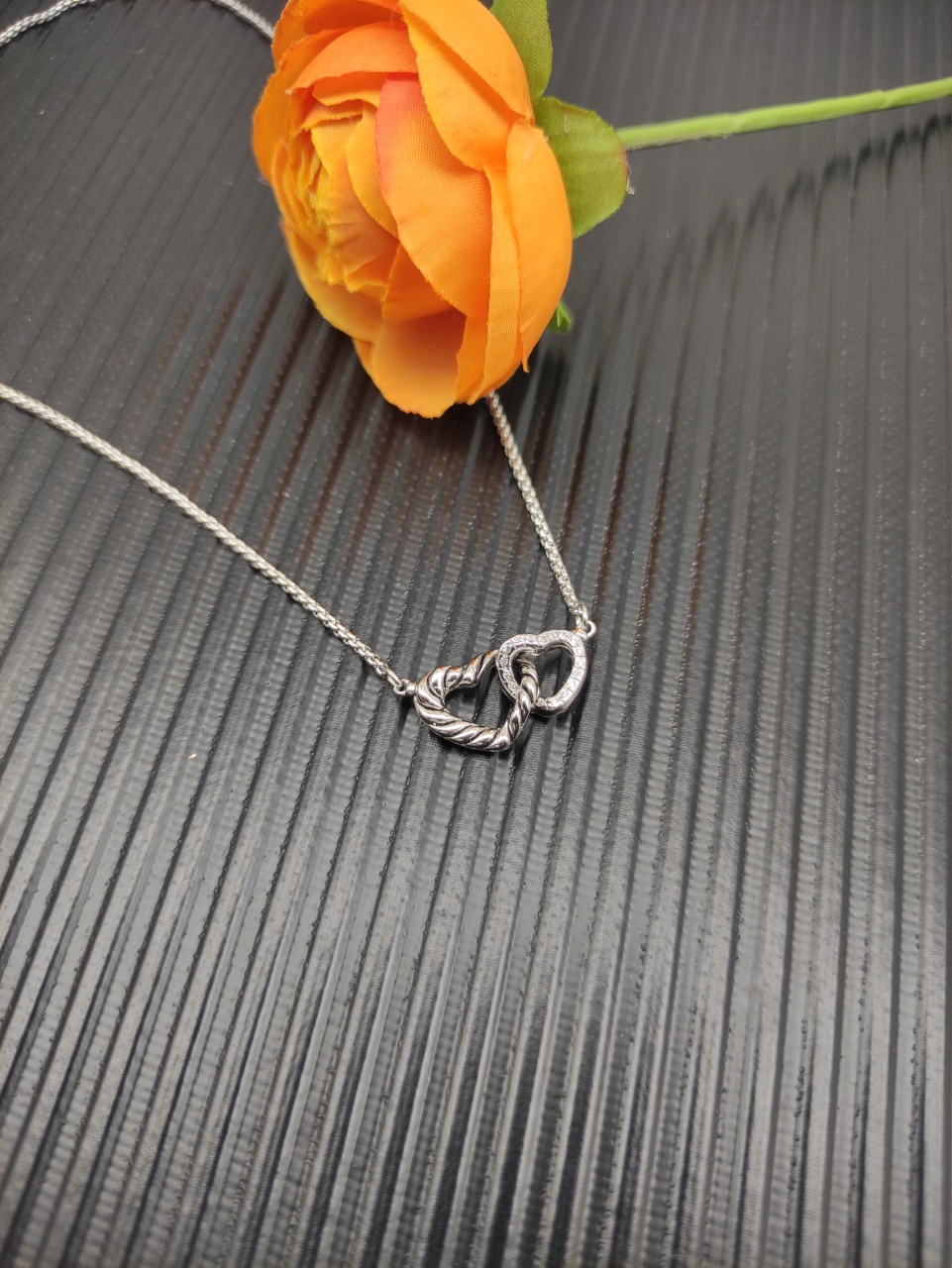 David Yurman Silver Necklace with Double Heart Design, 1.5mm Chain, DYXL-169 - 图片 6