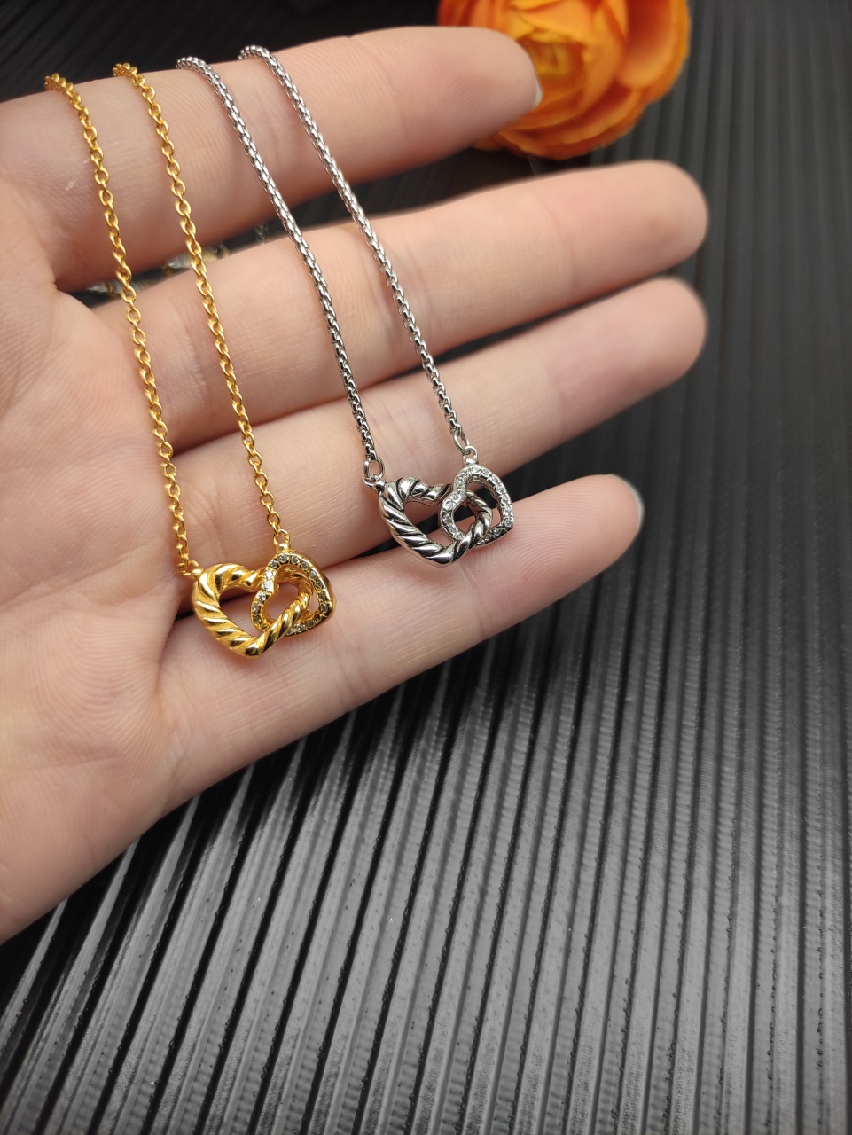 David Yurman Silver Necklace with Double Heart Design, 1.5mm Chain, DYXL-169 - 图片 8