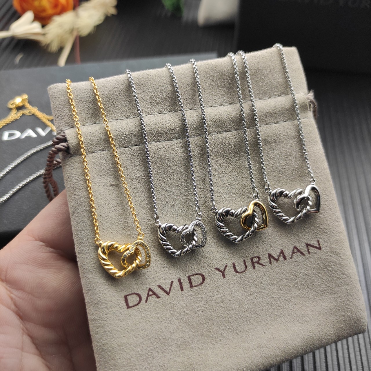David Yurman Silver Necklace with Double Heart Design, 1.5mm Chain, DYXL-169 - 图片 9