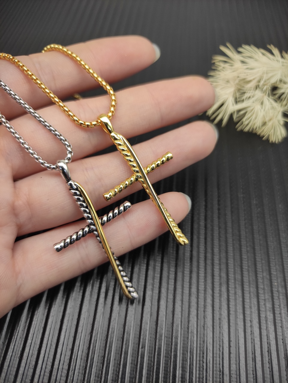 100 💰David Yuurman gold cylinder cross necklace. 2mm chain length 45+5cm delay chain DYXL-166 - 图片 3