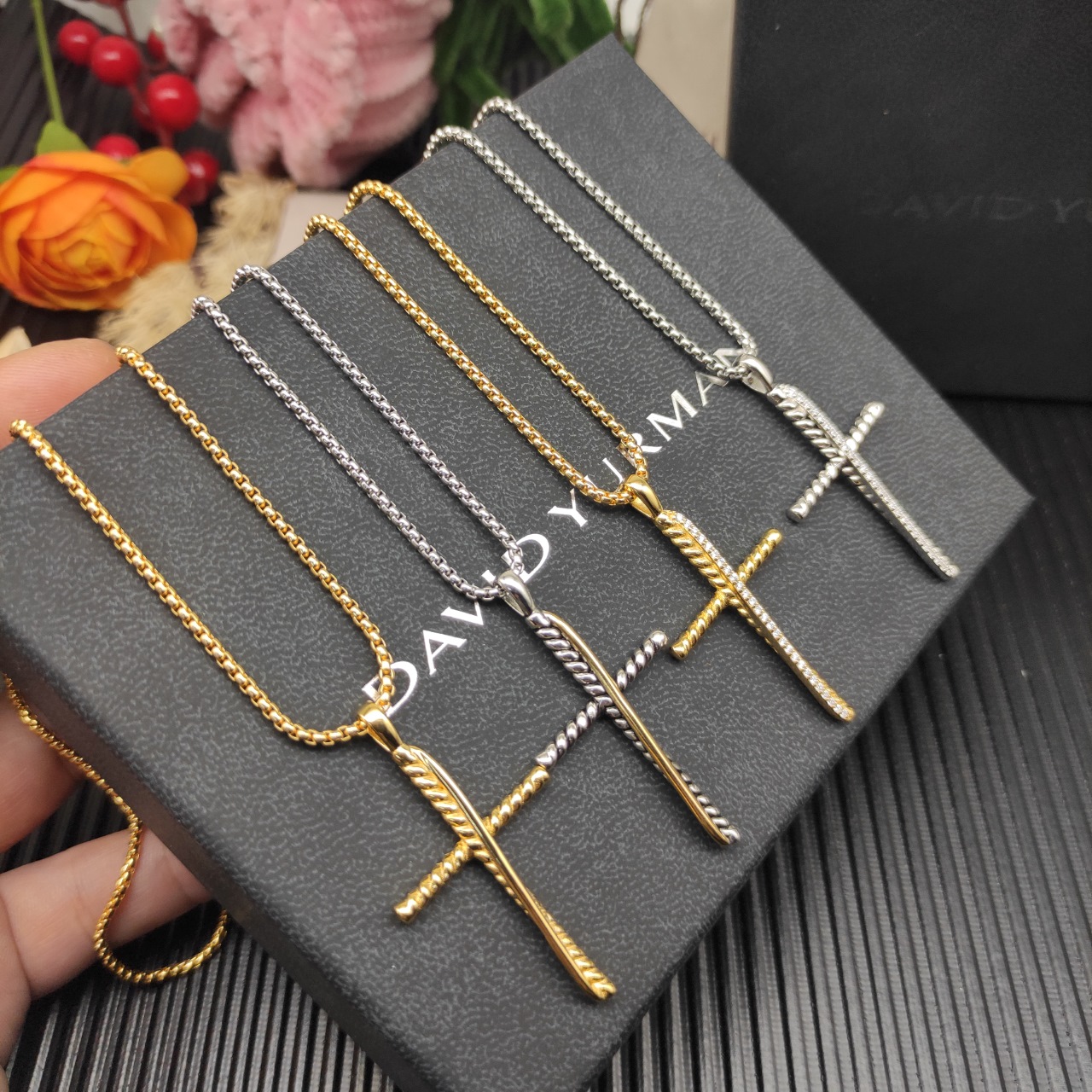 100 💰David Yuurman gold cylinder cross necklace. 2mm chain length 45+5cm delay chain DYXL-166 - 图片 8